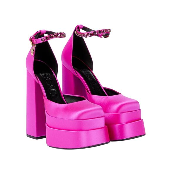 Versace Aevitas Platform Pumps 38 US 8 Pink Fuchsia Satin Crystal NIB $1575 - Picture 1 of 14
